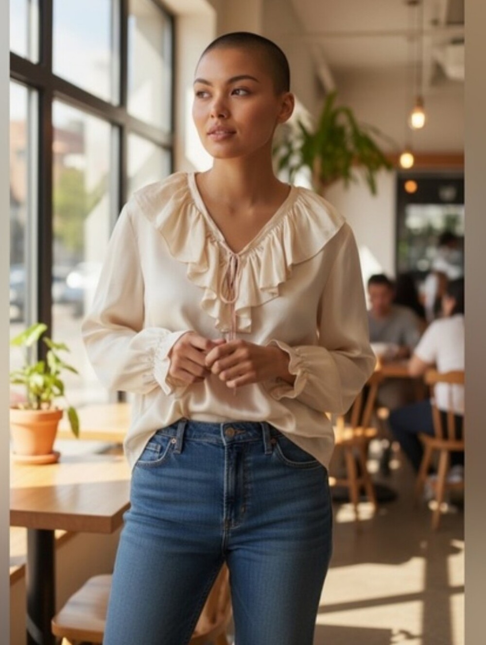 New York Studio Cream Ruffle Neck Long-Sleeve Blouse